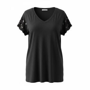 Wiholl black tee shirt with lace-knit detail sleeve